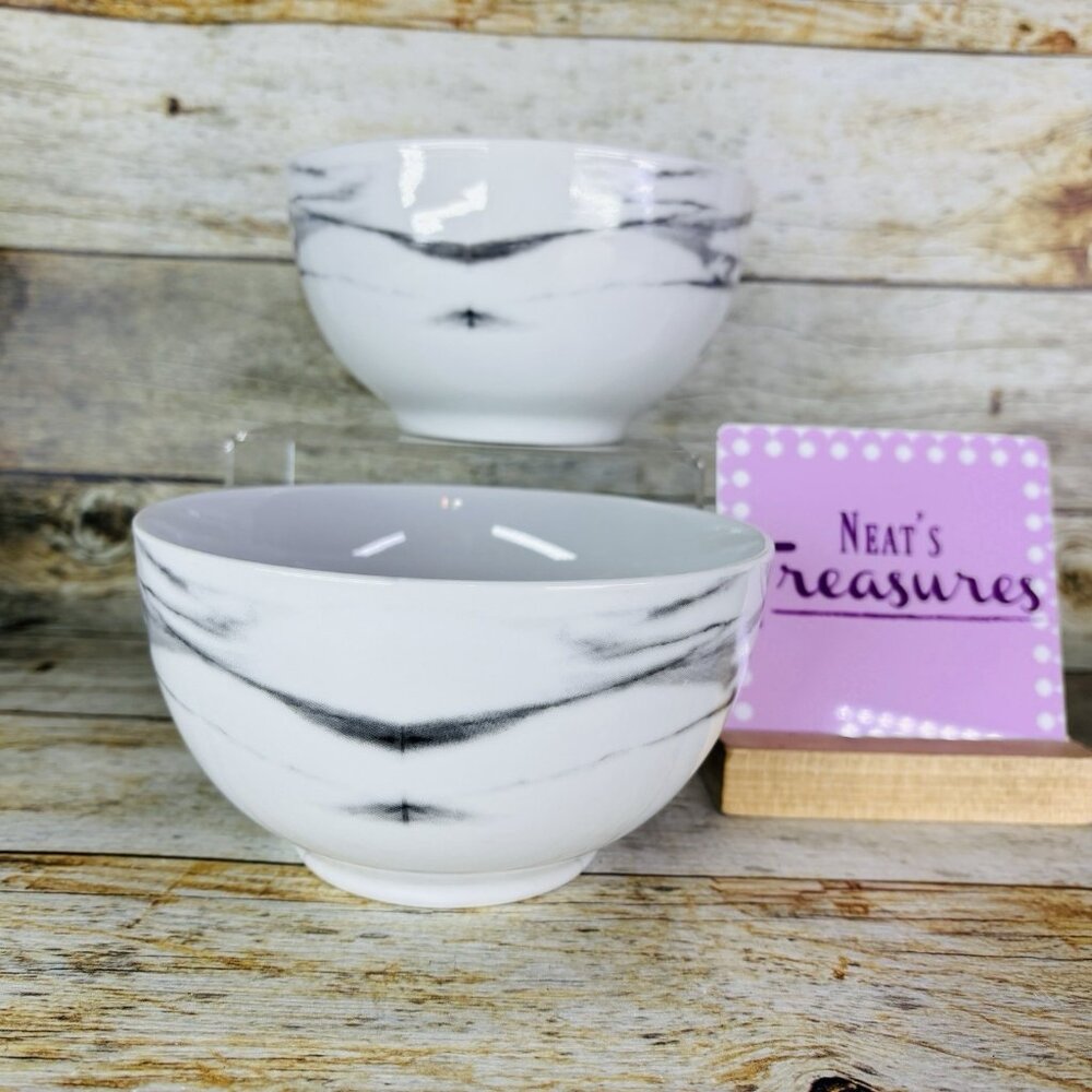 H2K Home To Kitchen MARBLE Design White Gray Porcelain Soup Cereal Bowls Set 2